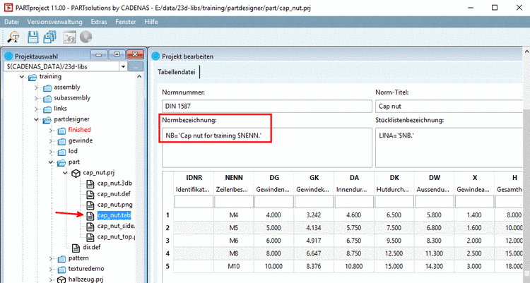 Normbezeichnung in PARTproject bei Selektion der tab-Datei
