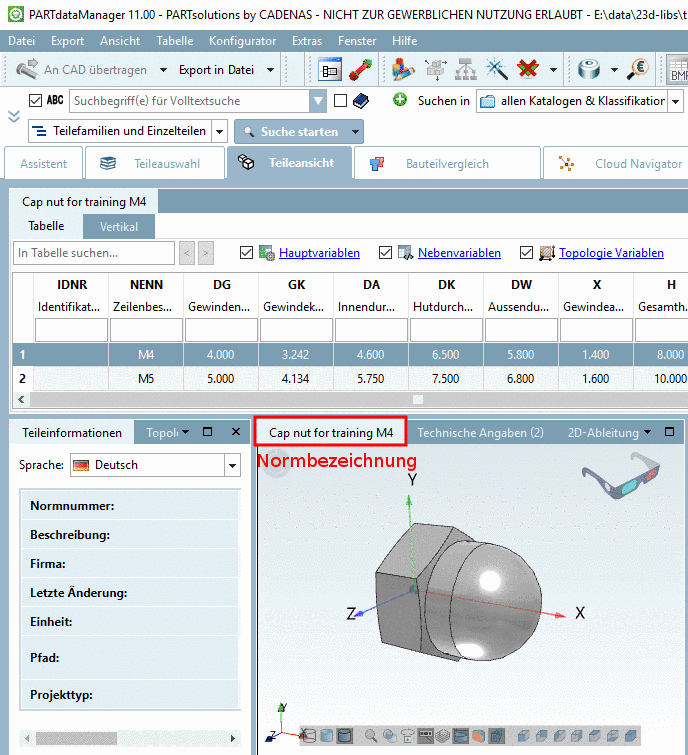 Normbezeichnung in PARTdataManager, im Reiter des Dockingfensters "3D-Ansicht"