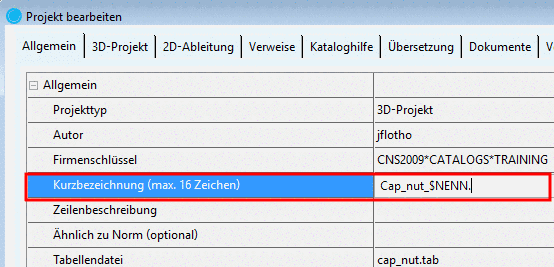 PARTproject -> Projekt bearbeiten -> Registerseite Allgemein -> Kurzbezeichnung (max. 16 Zeichen)