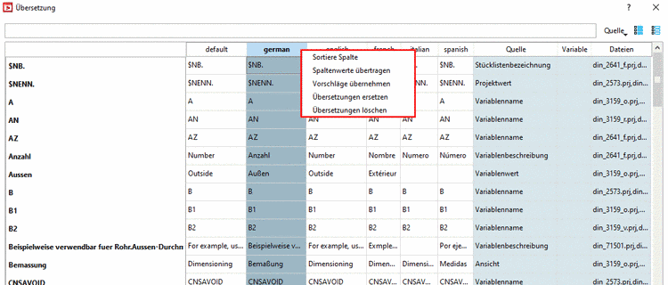Tabelle mit Kontextmenü im Spaltenkopf