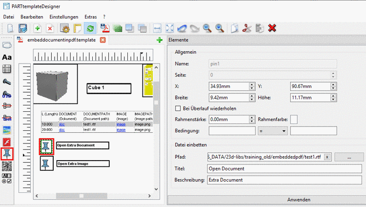 Einstellungsoptionen unter "Elemente"