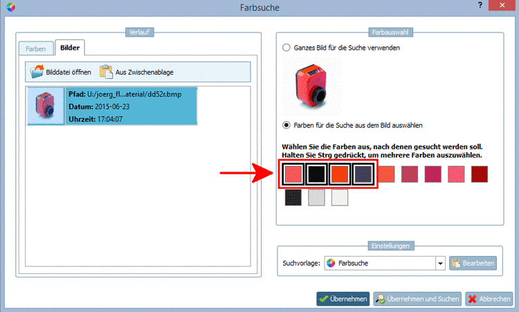Vier Farben wurden entsprechend der Einstellungsvorgabe ausgewählt. Sie können die Vorgabe bei Bedarf für jede Suche im Dialog "Farbsuche" anpassen. Oder Sie wählen die Option "Ganzes Bild für die Suche verwenden".