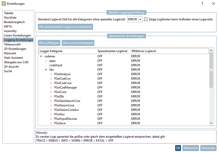 Logging EinstellungenLogging Einstellungen