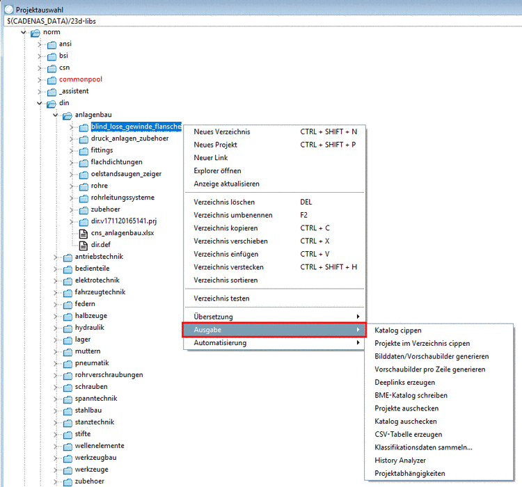 Kontextmenübefehle unter "Ausgabe"