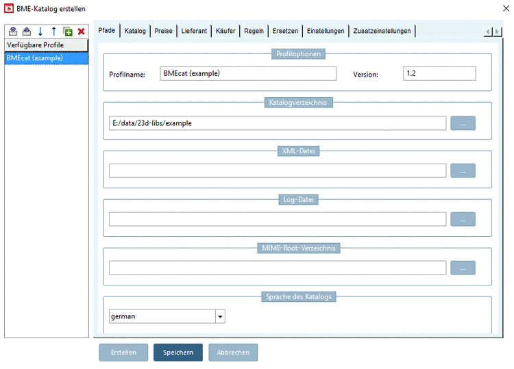 Dialogseite Pfade - Profilverwaltung