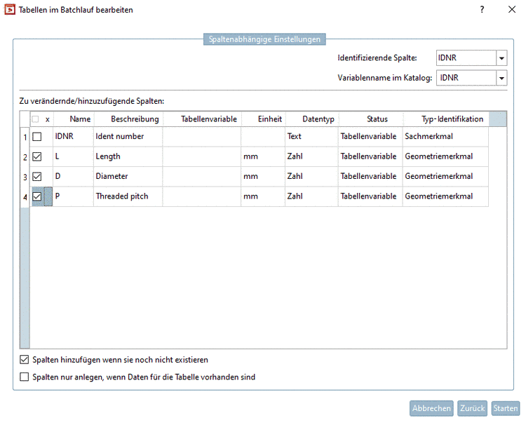 Spaltenabhängige Einstellungen