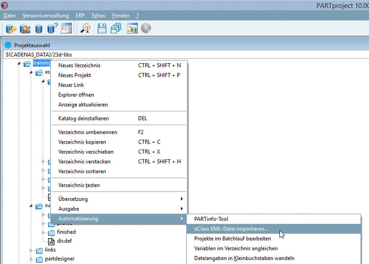 Kontextmenübefehl auf Katalogebene: Automatisierung -> eClass XML-Datei importieren...