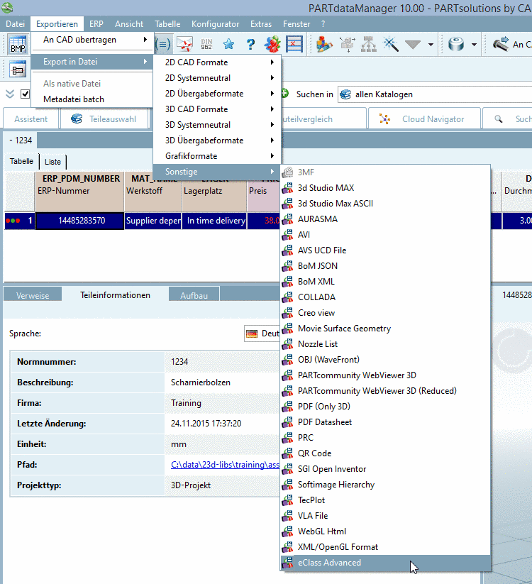 "Exportieren" Menü -> "Export in Datei" -> "Sonstige" -> "eClass Advanced"