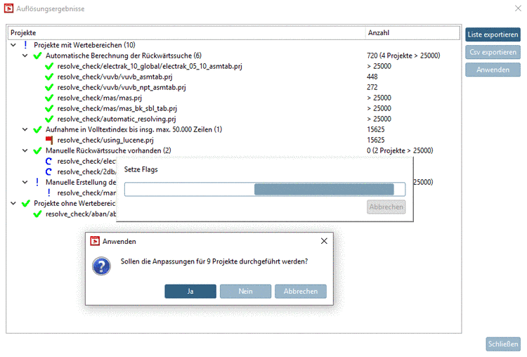 Hier im Beispiel würde "Anwenden" 9 Projekte betreffen (6+1+2).