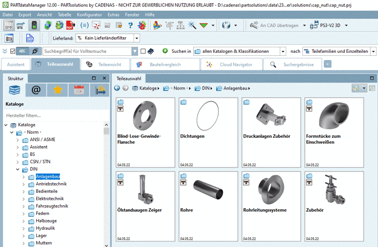 PARTdataManager mit Verzeichnisstruktur und Teileauswahl für den Export ins CAD