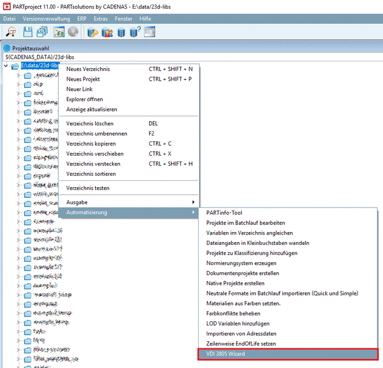 PARTproject Indexbaum mit Kontextmenübefehl "VDI 3805 Wizard"
