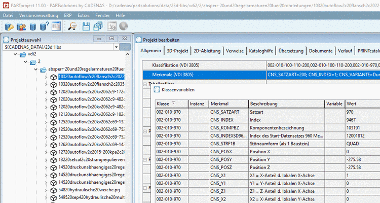 Dialogfenster "Klassenvariablen" mit Klassen und Merkmalen