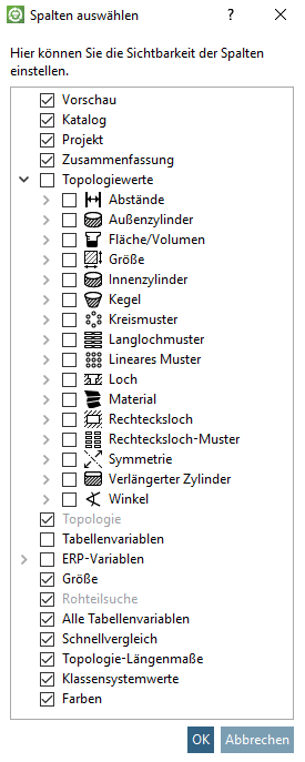 Unterhalb der Teilefamilie werden die Ausprägungen angezeigt.