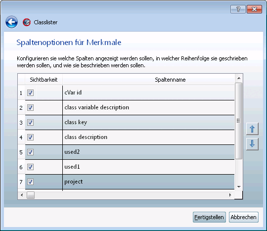 Spaltenoptionen für Merkmale [Column options for class variables]