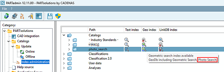 Indexverwaltung [Index administration]: Tooltip zeigt, dass die "Fotosuche [Photo Search]" indexiert ist