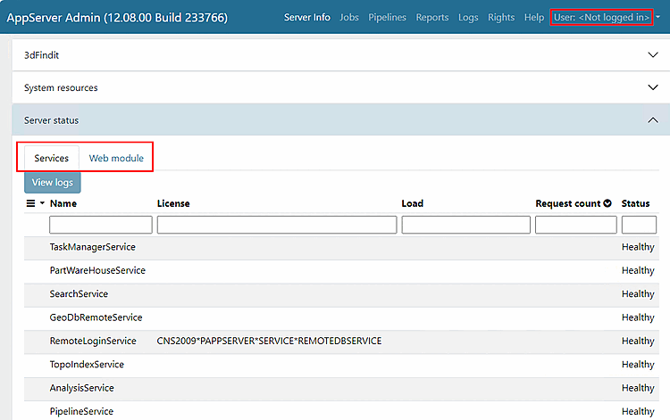 Unter "Server status" sind nur die Reiter "Services" und "Webmodule" sichtbar.