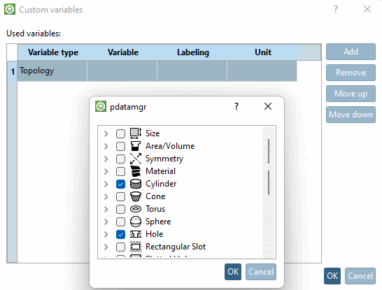 Hier im Beispiel wurden die topologischen Attribute "Zylinder" und "Loch" aktiviert. (Auch Unterattribute sind möglich.)