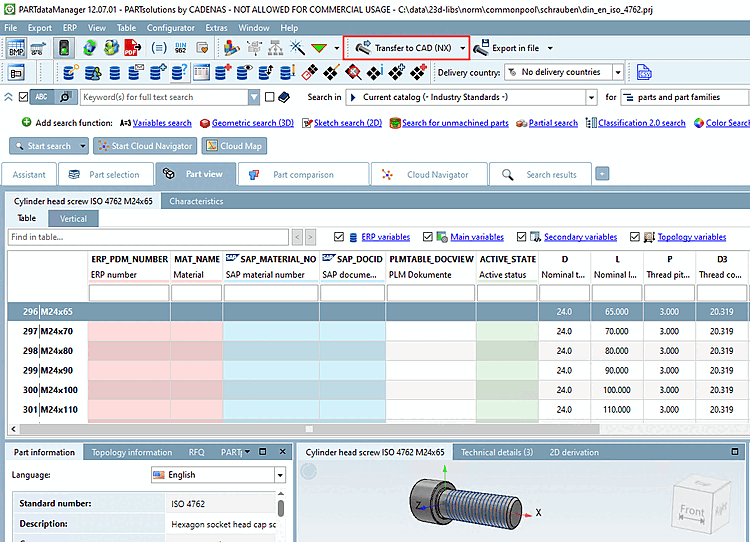 PARTdataManager leere Zeile > Transfer to CAD