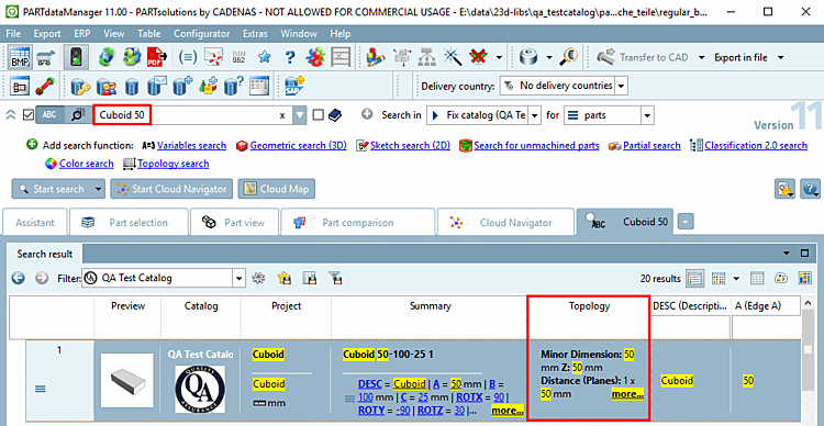 Suchergebnisse [Search results] in der Spalte "Topologie [Topology]"