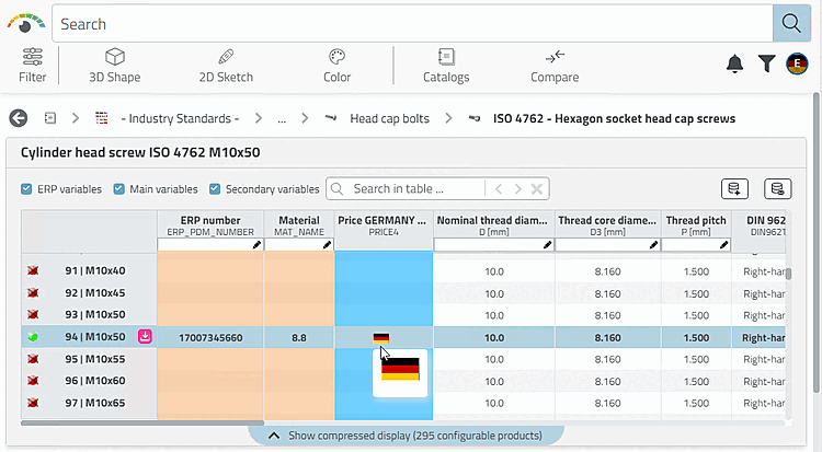Beispiel mit 3Dfindit Enterprise: Der eingeloggte User kann momentan nur die Ausprägung M10x50 exportieren, da nur hier sowohl eine ERP-Nummer wie auch ein Preis eingetragen ist und somit nur hier die Statusanzeige auf Grün steht (entsprechend der eingetragenen Exportbedingung).