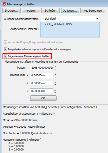Zugewiesene Masseneigenschaften