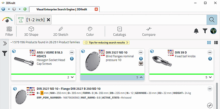 3Dfindit: Ergebnis in mm (es erfolgt automatisch eine Umrechnung auf mm, sodass auch hier passende Ergebnisse gefunden werden)