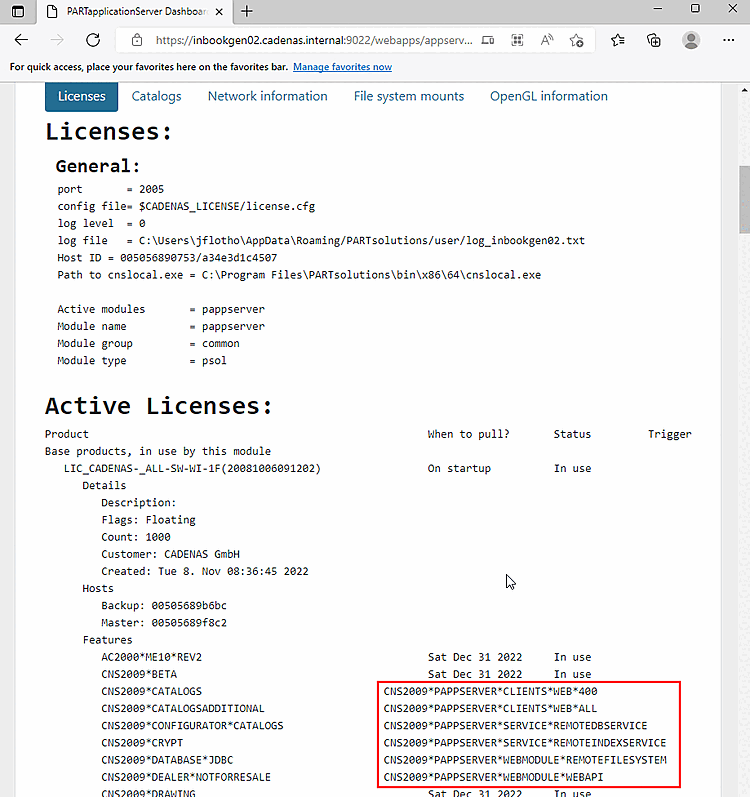 Tabbed page "Licenses"