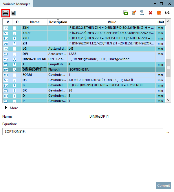 Beispiel: "Attribute unten [Attributes at the bottom]" mit Ansichtsmodus "Weniger [Less]"
