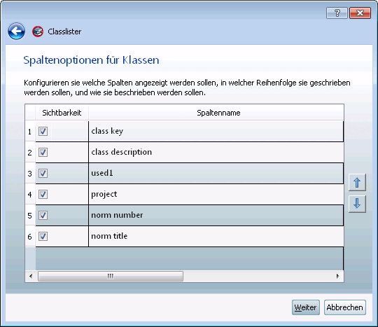 Spaltenoptionen für Klassen [Column options for classes]