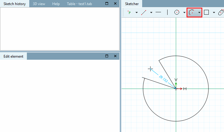 Bogen über Mittelpunkt, Punkt auf Umfang und 2 begrenzende Punkte [Arc (center, 2 limit points, circumference point)]: Bogen aufspannen