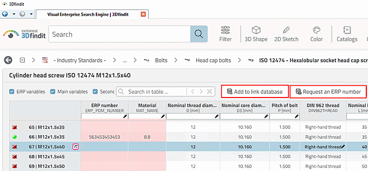 Buttons "Add to link database" and "Request an ERP number" in 3Dfindit