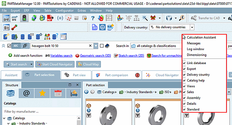 Teileauswahl [Part selection]: Dockings ein- und ausblenden