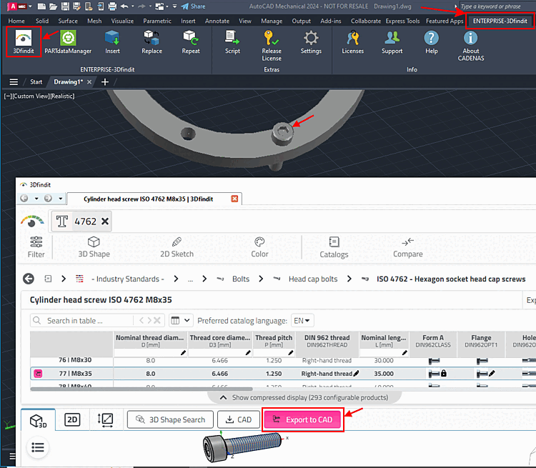 3Dfindit via Menüpunkt "ENTERPRISE-3Dfindit" -> Unterpunkt "3Dfindit" aufrufen und Teil ins CAD exportieren