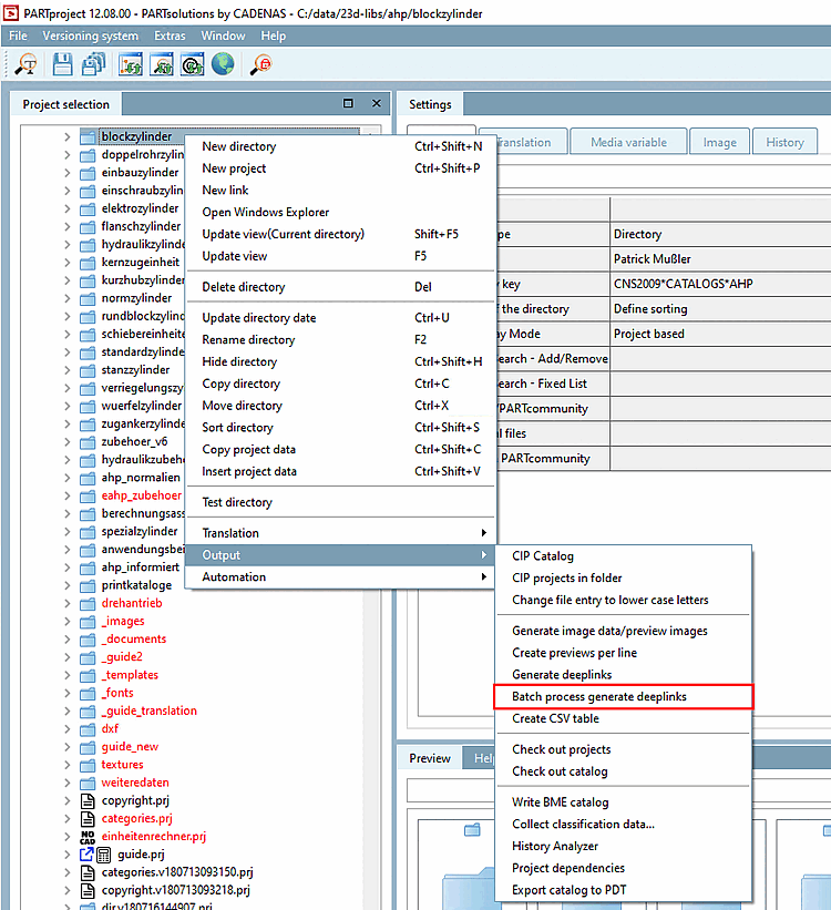 Kontextmenübefehl Ausgabe [Output] > Batchlauf Deeplinks erzeugen [Batch process generate deeplinks]