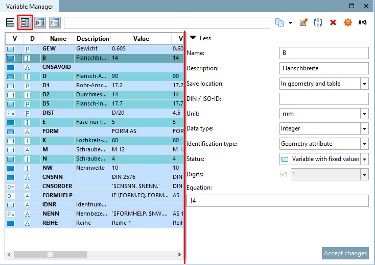 Tabelle links | Editierbereich rechts ( "Attribute rechts [Attributes on the right]" im Ansichtsmodus "Mehr [More]"