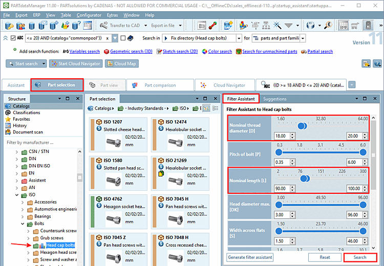 Beispiel: Filter Assistent für Sechskantschrauben