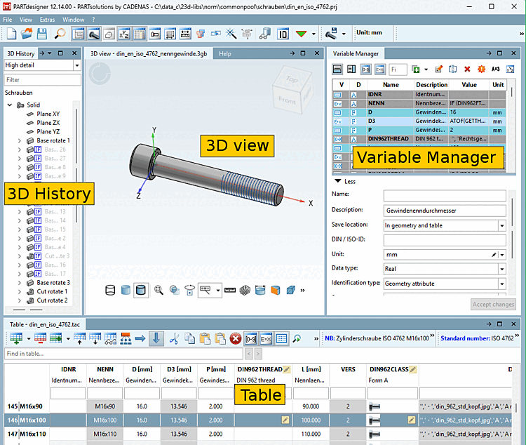 PARTdesigner mit 3D Historie [3D History], 3D Ansicht [3D view], Variablenmanager [Variable Manager] und Tabelle [Table]