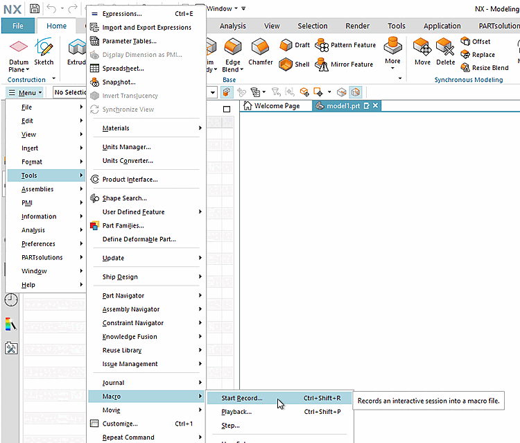 Menu -> Tools -> Macro -> Start Record...