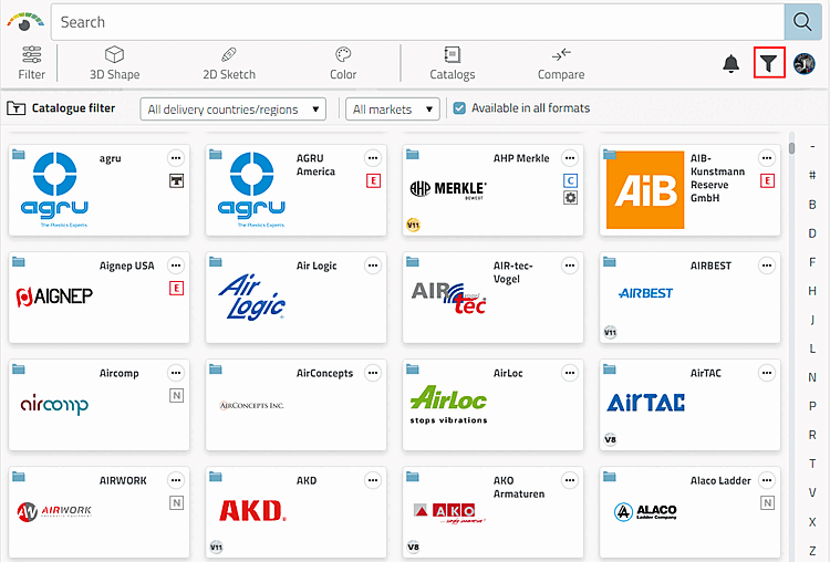 Alle Kataloge sichtbar, wenn Vorzugsreihenfilter ausgeschaltet
