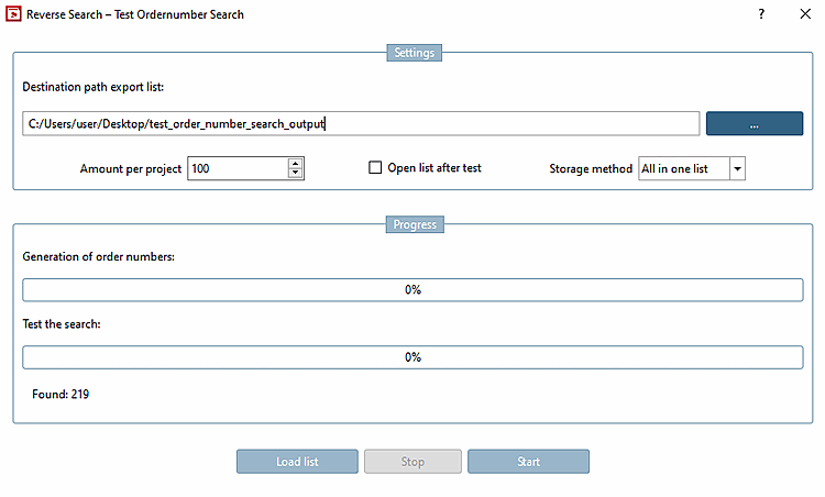 Kontextmenübefehl "Reverse Search – Bestellnummernsuche Testen [Reverse Search – Test Order Number Search]"