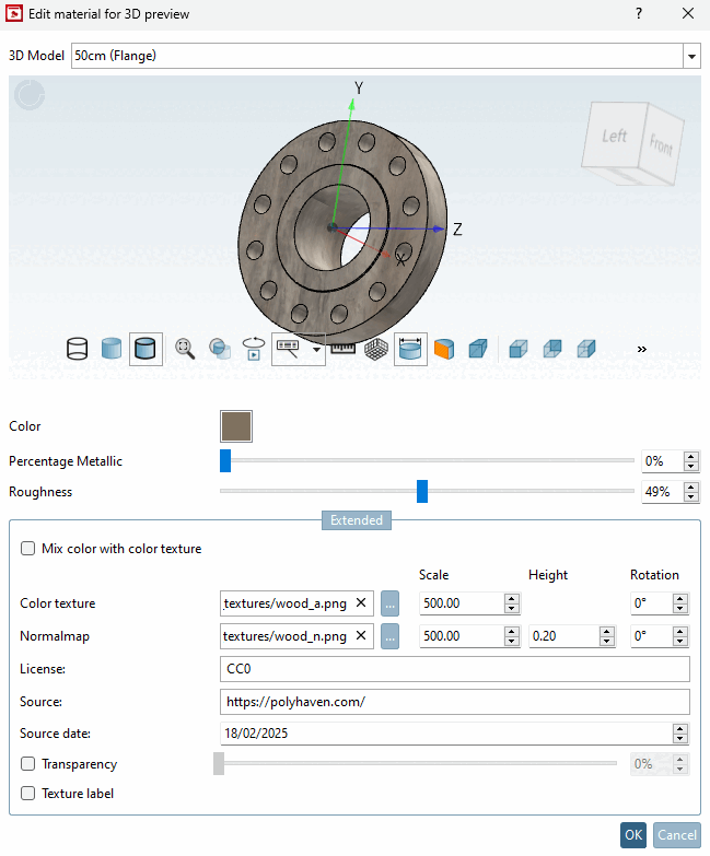 Dialogfenster "Material für 3D-Voransicht editieren [Edit material for 3D preview]"