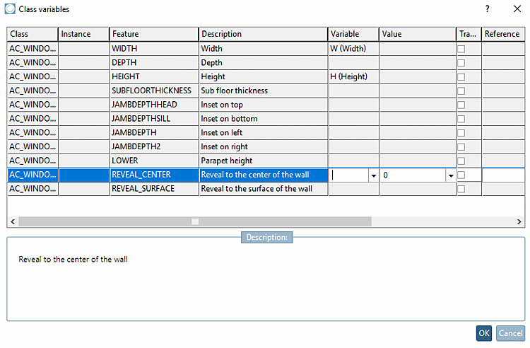 "Class variables" Dialogfenster