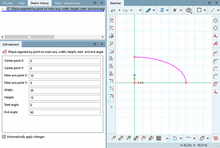 Ellipsensegment: korrekte Werte im Sketch