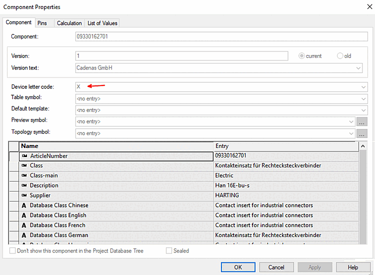 Component Properties - Device letter code und weitere Eigenschaften