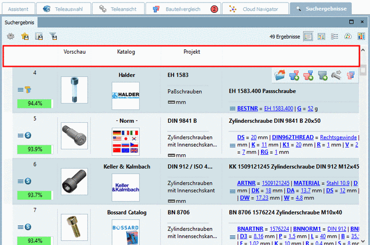Besonderheit: Bei einer geometrischen Suche wird die Ähnlichkeit zum Referenzteil in Farbe und mit Prozentwerten angezeigt.