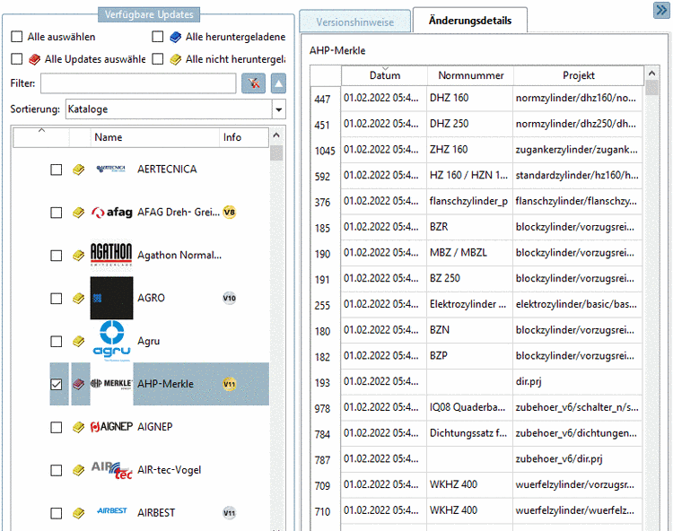 Registerseite "Änderungsdetails": Geänderte Projekte sind aufgelistet.