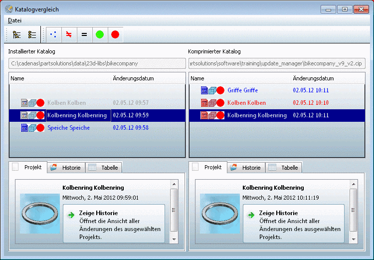 Im Dialogfenster "Katalogvergleich" können Sie Tabelle und 3D-Ansicht vergleichen.Katalogvergleich