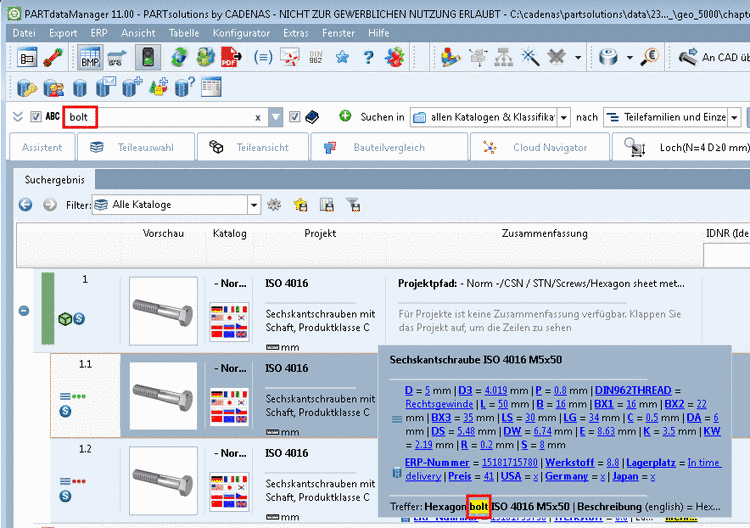 Bei einer Suche nach "bolt" in deutscher Benutzeroberfläche sehen Sie in der erweiterten Darstellung, wo der Treffer erfolgte.