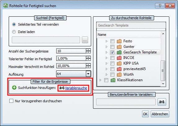 Filter für die Ergebnisse