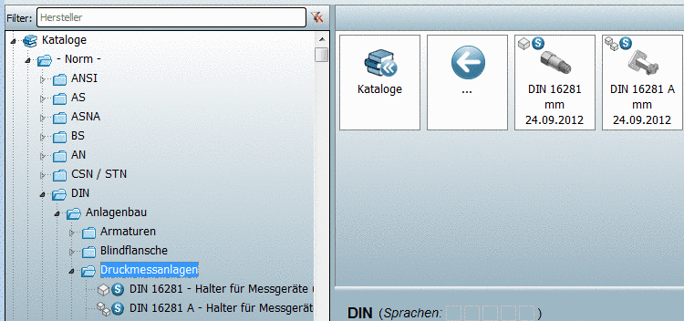 Indexbaum und Dialogbereich Symbole: Baugruppe und Einzelteil (ohne ERP-Integration)